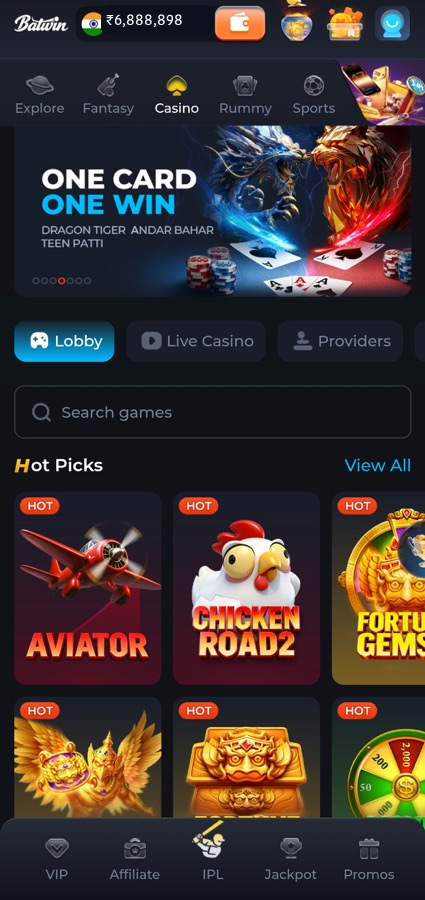 BATWIN app Casino lobby showing game categories