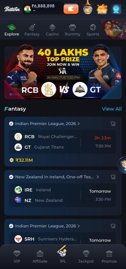BATWIN app Fantasy section showing a cricket match list