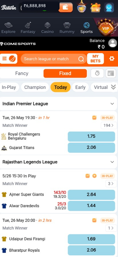 BATWIN app Sports section showing cricket markets