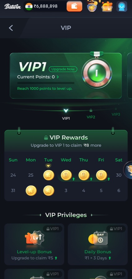 BATWIN app VIP rewards screen with level progress